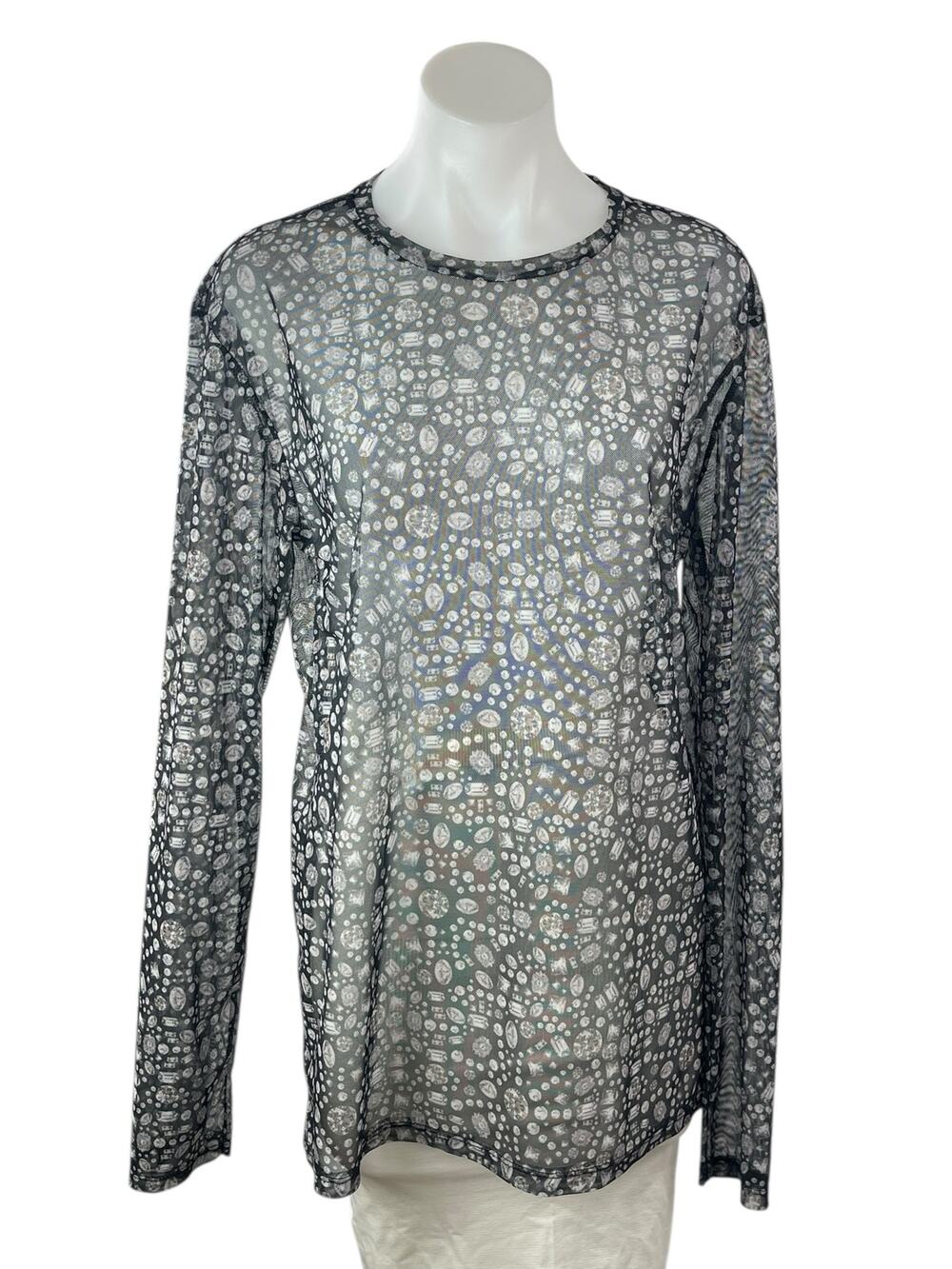 Le31 Par Simons Black Mesh Sheer Jewel Diamond Print Long Sleeve Blouse Top M